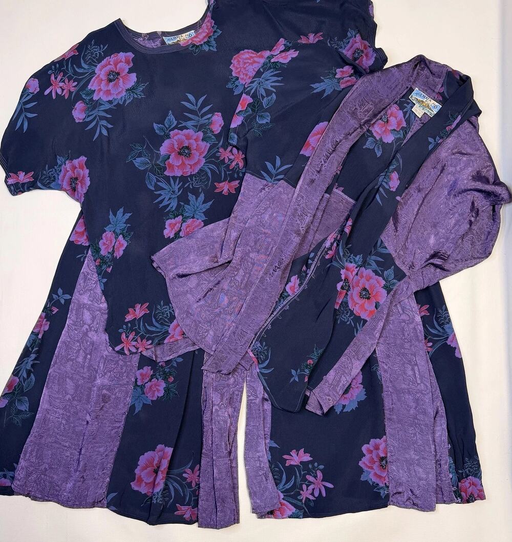 Vintage Tienda Ho Top Jacket Skirt Set Womens One Size Purple Floral Rayon Boho